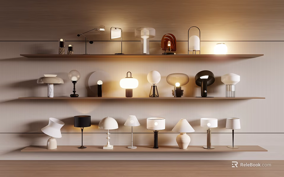 Modern Table Lamps with Various Designs Arranged on Wooden Shelves 3d model 