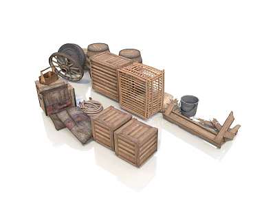 Traditional Rustic Daily Living Supplies With Wooden Crates Barrels Wicker Basket And Metal Bucket 3d model