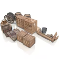 Traditional Rustic Daily Living Supplies With Wooden Crates Barrels Wicker Basket And Metal Bucket
