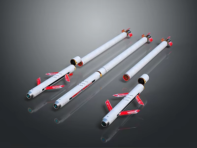 Tactical Military Weapons With White Cylindrical Bodies And Red Stabilizing Fins 3d model