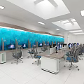 Modern Conference Room With Long Tables Chairs Large Screen Projector Gray Carpet And White Ceiling