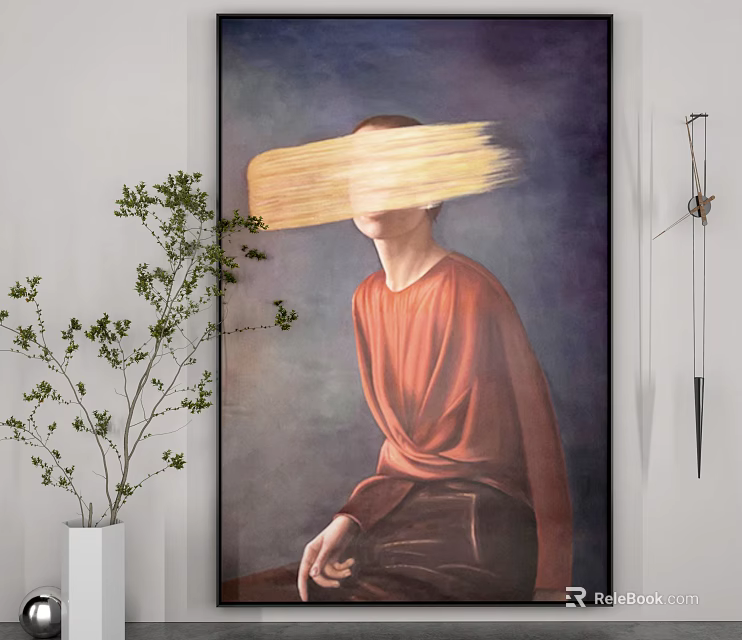 Portrait Painting Of Man In Red Shirt Yellow Blurred Face Dark Background Green Plant Clock 3d model 