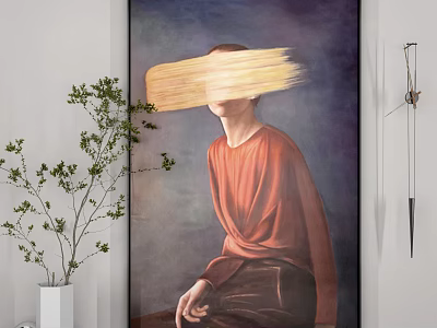 Portrait Painting Of Man In Red Shirt Yellow Blurred Face Dark Background Green Plant Clock 3d model