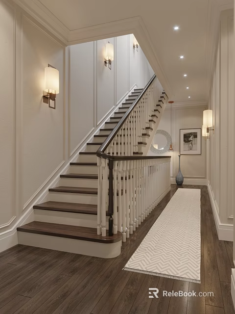 Elegant Foyer Hallway With Staircase White Wainscoting And Wall Sconces 3d model 