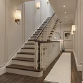 Elegant Foyer Hallway With Staircase White Wainscoting And Wall Sconces