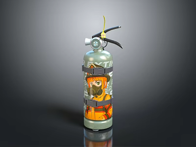 Fire Extinguisher With Orange Cartoon Character Design Green Cylinder And Black Handle 3d model