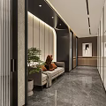 Modern Elevator Lobby Design With Wooden Panel Walls Marble Flooring And Decorative Plants