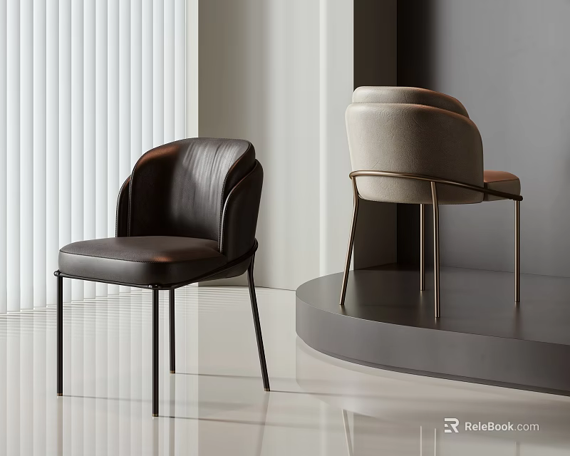 Modern Dining Chairs with Dark Leather Light Upholstery Sleek Metal Legs and Window Blind Background 3d model 