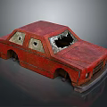 Old Red Toy Car With Broken Windows And Worn Rough Surface