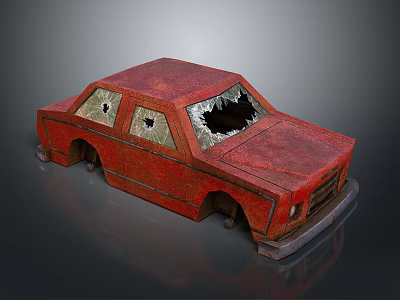 Old Red Toy Car With Broken Windows And Worn Rough Surface 3d model