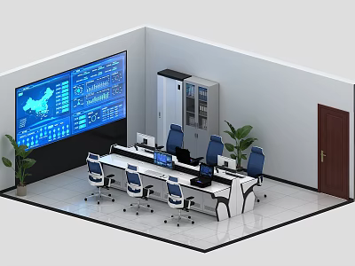 Monitoring Room Interior With Large Display Screen Control Consoles Storage Cabinets And Indoor Plants 3d model