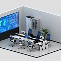 Monitoring Room Interior With Large Display Screen Control Consoles Storage Cabinets And Indoor Plants