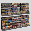 Multi Layered Retail Display Shelves With Various Packaged Snacks Drinks And Grocery Products