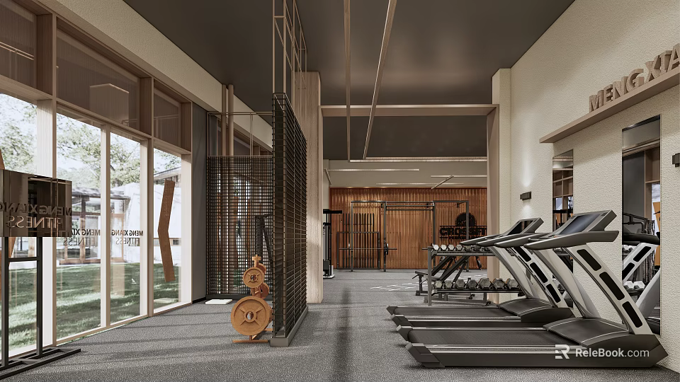 Modern Fitness Gym Interior With Treadmills Dumbbells Wooden Elements And Large Windows 3d model 