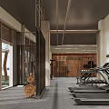 Modern Fitness Gym Interior With Treadmills Dumbbells Wooden Elements And Large Windows
