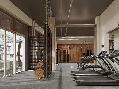 Modern Fitness Gym Interior With Treadmills Dumbbells Wooden Elements And Large Windows 3d model