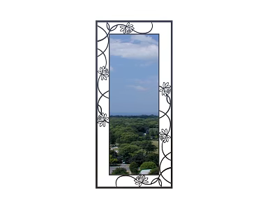 Decorative Mirror With Intricate Floral Pattern Frame Reflecting Blue Sky White Clouds And Green Trees 3d model