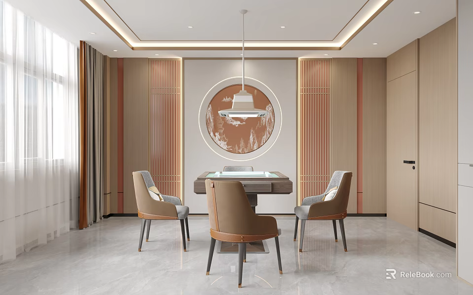 Elegant Modern Hotel Mahjong Room Interior With Round Decorative Painting Hanging Lamp And Comfortable Chairs 3d model 