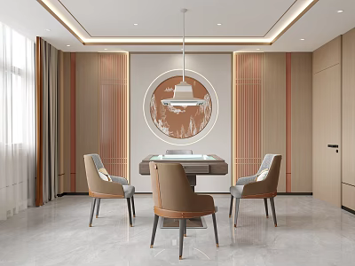 Elegant Modern Hotel Mahjong Room Interior With Round Decorative Painting Hanging Lamp And Comfortable Chairs 3d model
