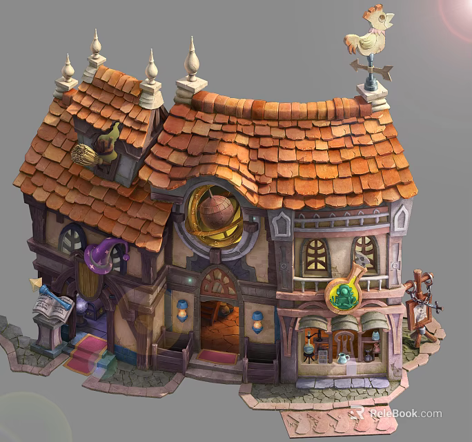 Cartoon Fantasy House With Orange Tiled Roof Spires Round Window And Green Gem Decorations 3d model 