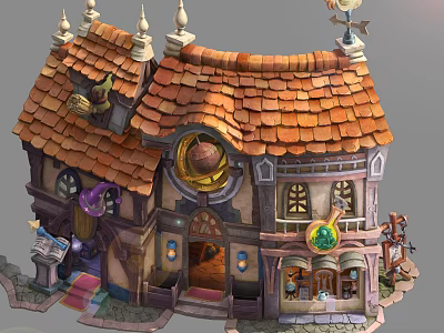Cartoon Fantasy House With Orange Tiled Roof Spires Round Window And Green Gem Decorations 3d model