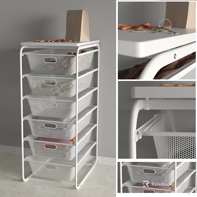 White Multi Layer Storage Shelf With Clear Baskets For Home Organization 3d model 