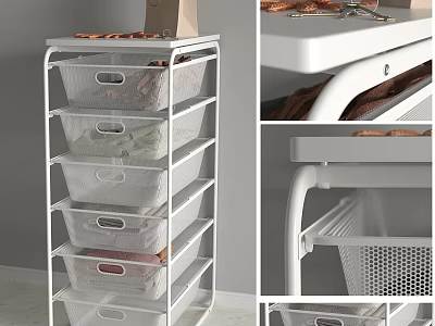 White Multi Layer Storage Shelf With Clear Baskets For Home Organization 3d model