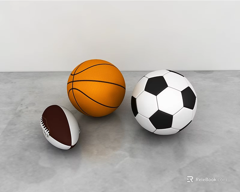 Different Sports Balls Including American Football Basketball And Soccer Ball On Concrete Floor 3d model 