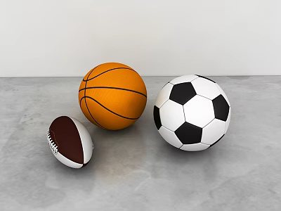 Different Sports Balls Including American Football Basketball And Soccer Ball On Concrete Floor 3d model