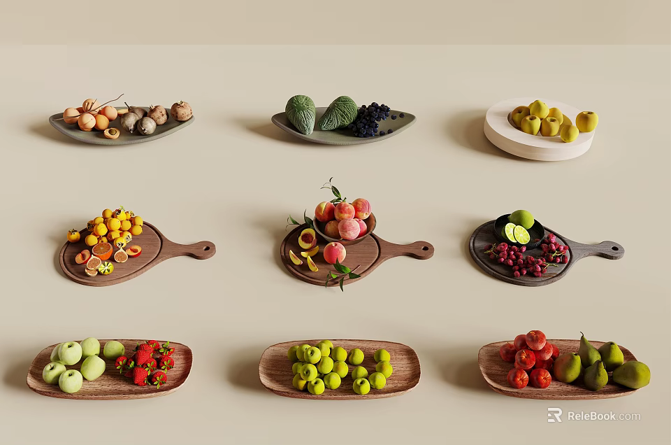 A Variety Of Fresh Fruits Displayed On Plates And Trays 3d model 