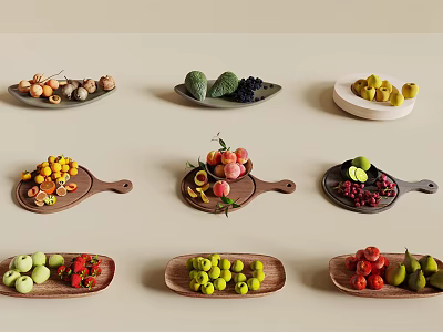 A Variety Of Fresh Fruits Displayed On Plates And Trays 3d model
