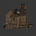 Wooden Cottage Building With Windmill Structure Multiple Windows Dark Roof And Connected Platforms Stairs