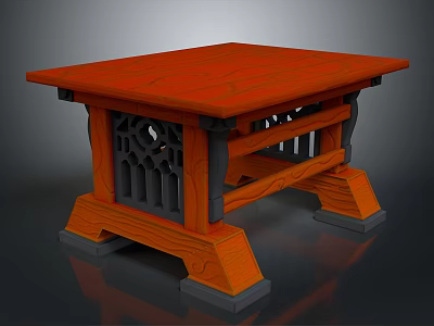 Classic Wooden Table With Orange Tabletop And Intricate Lattice Leg Design 3d model