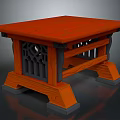 Classic Wooden Table With Orange Tabletop And Intricate Lattice Leg Design