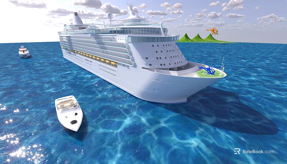 Large White Cruise Ship Sailing On Blue Sea With Small Boat And Green Island Background 3d model 