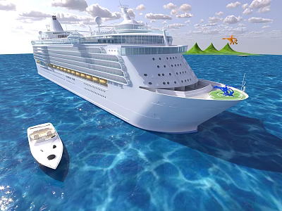 Large White Cruise Ship Sailing On Blue Sea With Small Boat And Green Island Background 3d model
