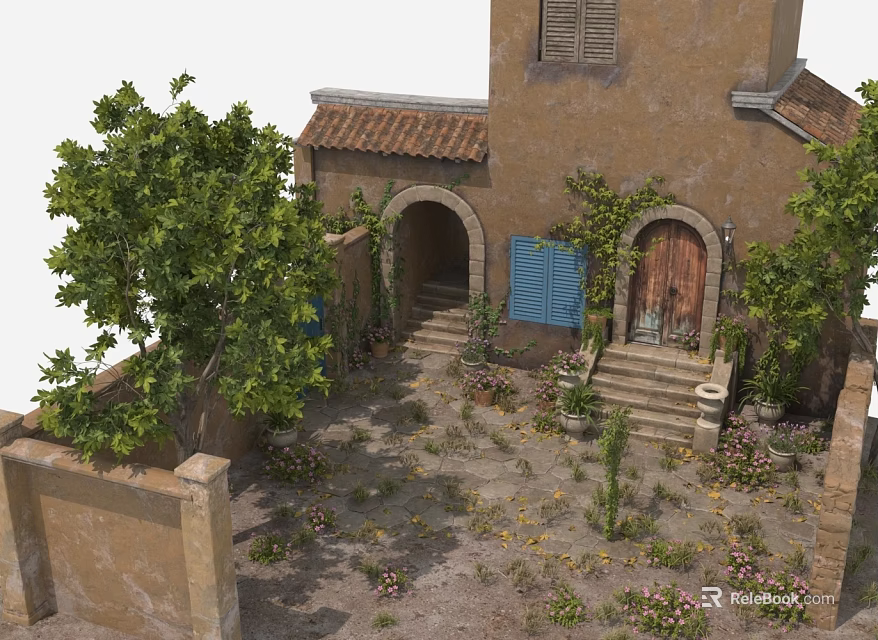 Charming Mediterranean Building With Tower Arched Doorway Blue Shutters Wooden Door Steps And Greenery 3d model 