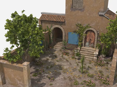 Charming Mediterranean Building With Tower Arched Doorway Blue Shutters Wooden Door Steps And Greenery 3d model