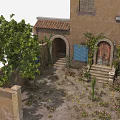 Charming Mediterranean Building With Tower Arched Doorway Blue Shutters Wooden Door Steps And Greenery