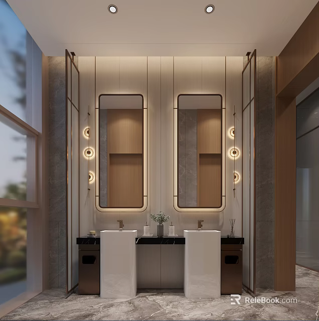 Modern Public Restroom Interior With Clean Washbasins Mirrors And Stylish Wall Lights 3d model 