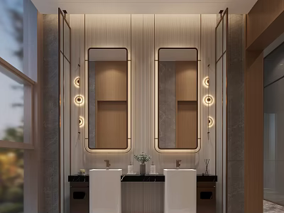 Modern Public Restroom Interior With Clean Washbasins Mirrors And Stylish Wall Lights 3d model