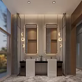 Modern Public Restroom Interior With Clean Washbasins Mirrors And Stylish Wall Lights