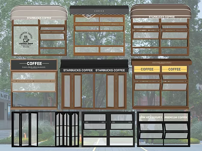 Various Storefront Designs With Coffee Shop Signs Awnings And Glass Windows 3d model
