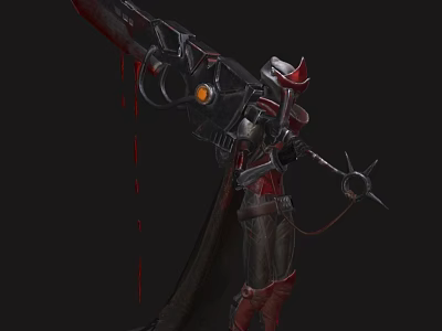 Demon Warrior Character With Giant Bloody Weapon And Horned Helmet In Dark Background 3d model