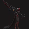 Demon Warrior Character With Giant Bloody Weapon And Horned Helmet In Dark Background