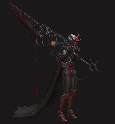 Demon Warrior Character With Giant Bloody Weapon And Horned Helmet In Dark Background 3d model