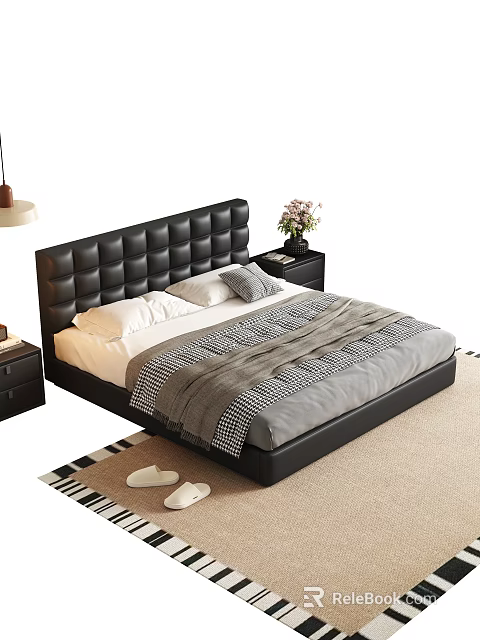 Black Leather Tufted Double Bed with White Sheets Gray Checkered Quilt and Nightstand Flower Vase 3d model 