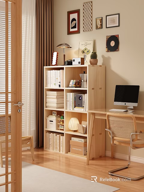 Natural Wooden Bookcase With Books Storage Boxes Desk Computer And Decorations 3d model 