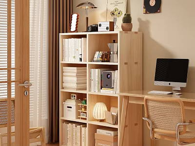 Natural Wooden Bookcase With Books Storage Boxes Desk Computer And Decorations 3d model