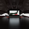 Modern Theater Interior With Large Screen Black Floor And Red Carpet Areas